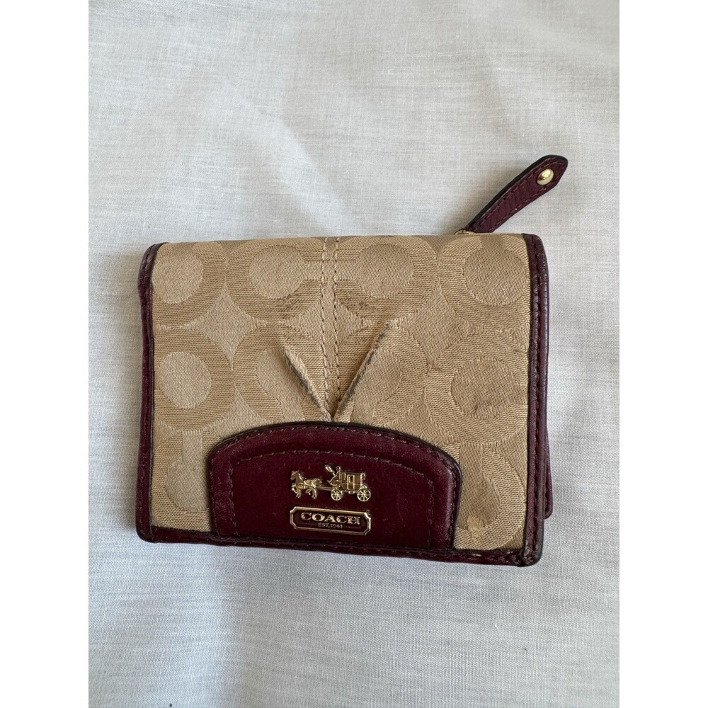 Coach Signature Canvas Horse and Carriage Medium Corner Zip Wallet Burgundy